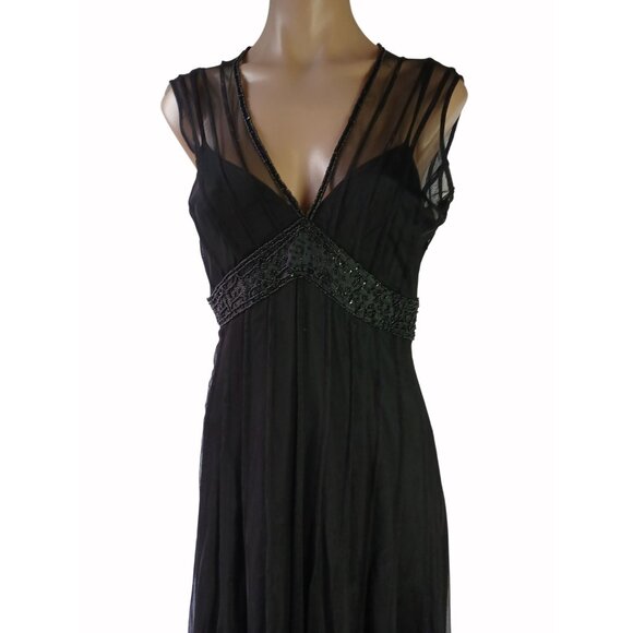 ECI New York Black Mesh Evening Dress Beaded Waist Size 4 Illusion Empire  Lined - Picture 3 of 15